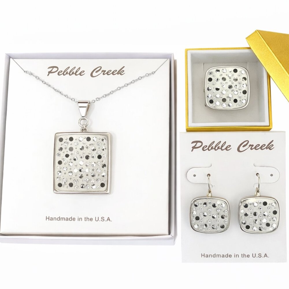 Handcrafted Swarovski Jet Black Crystal & Clay Square Pendant Set